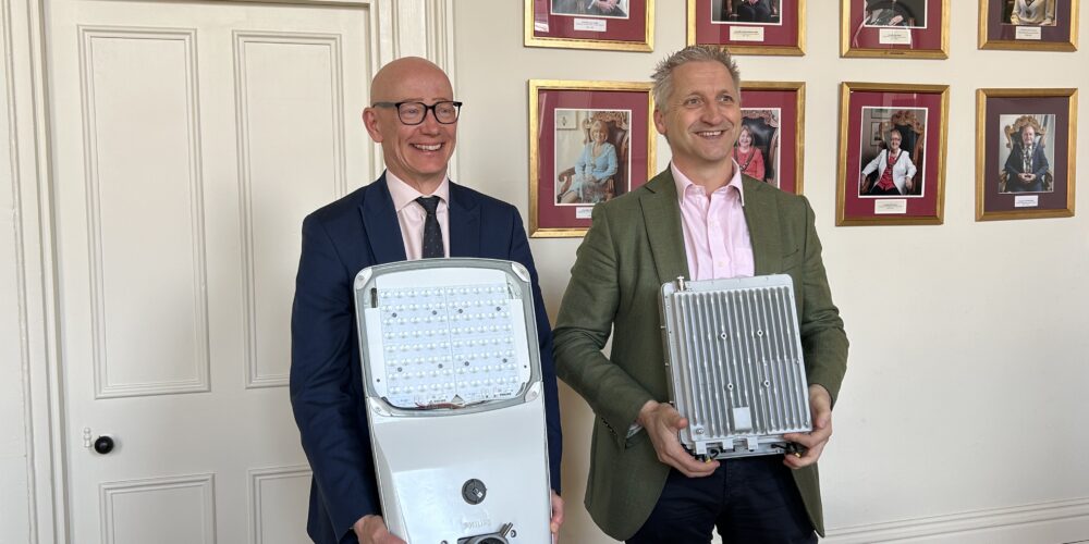 Martin Reeves of Oxfordshire County Council and Pat Coxen of Cornerstone holding some of Cornerstone's technology